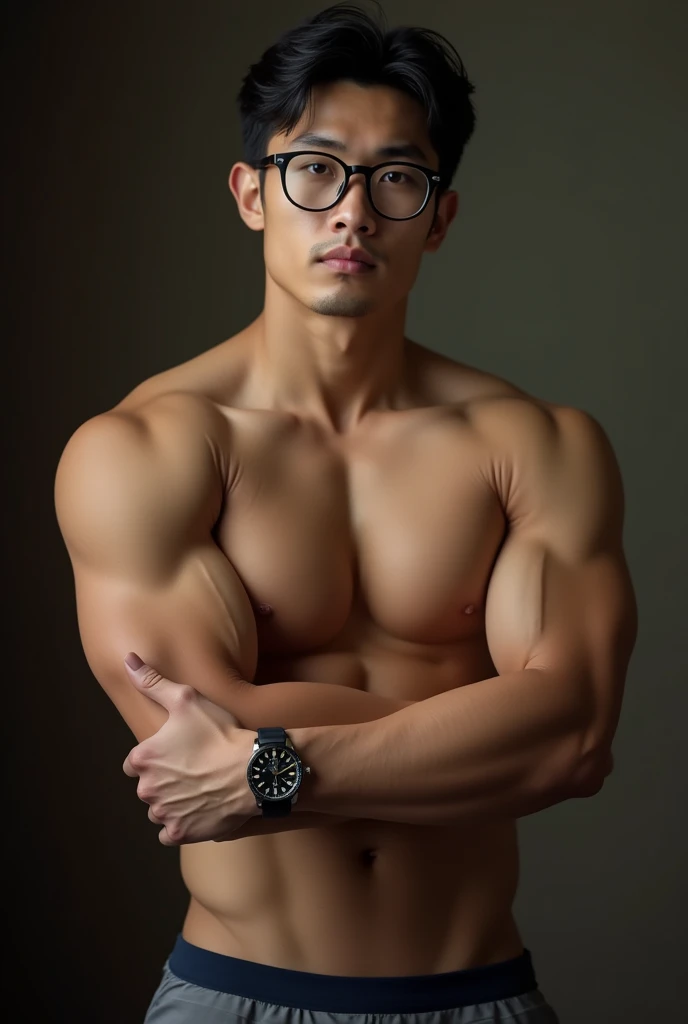 best quality, masterpiece, 8K, HD, masculine, 30 year-old korean gentleman, muscular, nerdy look, glasses, shirtless, big bulge, golden ratio, wear a tie,sexy, god rays, soft lighting, dynamic shadows, sharp focus, perfection, no watermark,underwear, sexy, Masculine and handsome, muscular, Beautiful muscles, hairy body,sweat, lewd face, firm chest, sexual, provocative, lustful, accessories include a luxury wristwatch, looking at the viewer, muscle veins, lightly tanned skin, drooling, slimy, wanting to show off chest