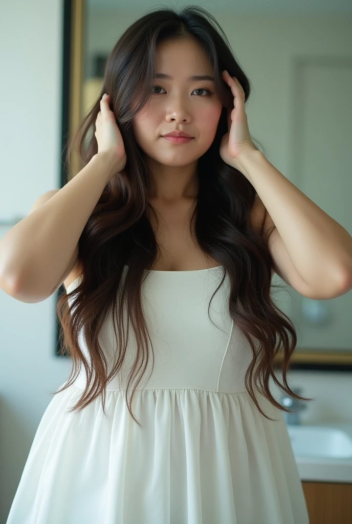 Create an Asian middle-aged beauty with long hair，Wearing a white dress，Proud and voluptuous figure，Scratching the scalp with both hands，There is a lot of dandruff on the top of the head，The expression is hideous，The characters are realistic and realistic，Bathroom Background，9:16 frames，Ultra-high-definition picture quality