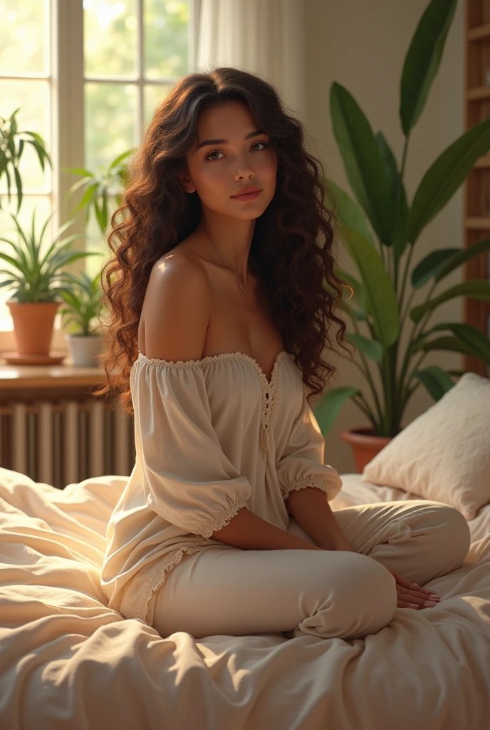 (photorealism:1.2), beautiful woman, sitting on bed, wearing loose off-shoulder top, pajama pants, long curly hair, indoors, soft lighting, plants in background, window with sunlight, cozy room, relaxed pose, realistic, intricate details, warm colors, by Greg Rutkowski, by Alphonse Mucha