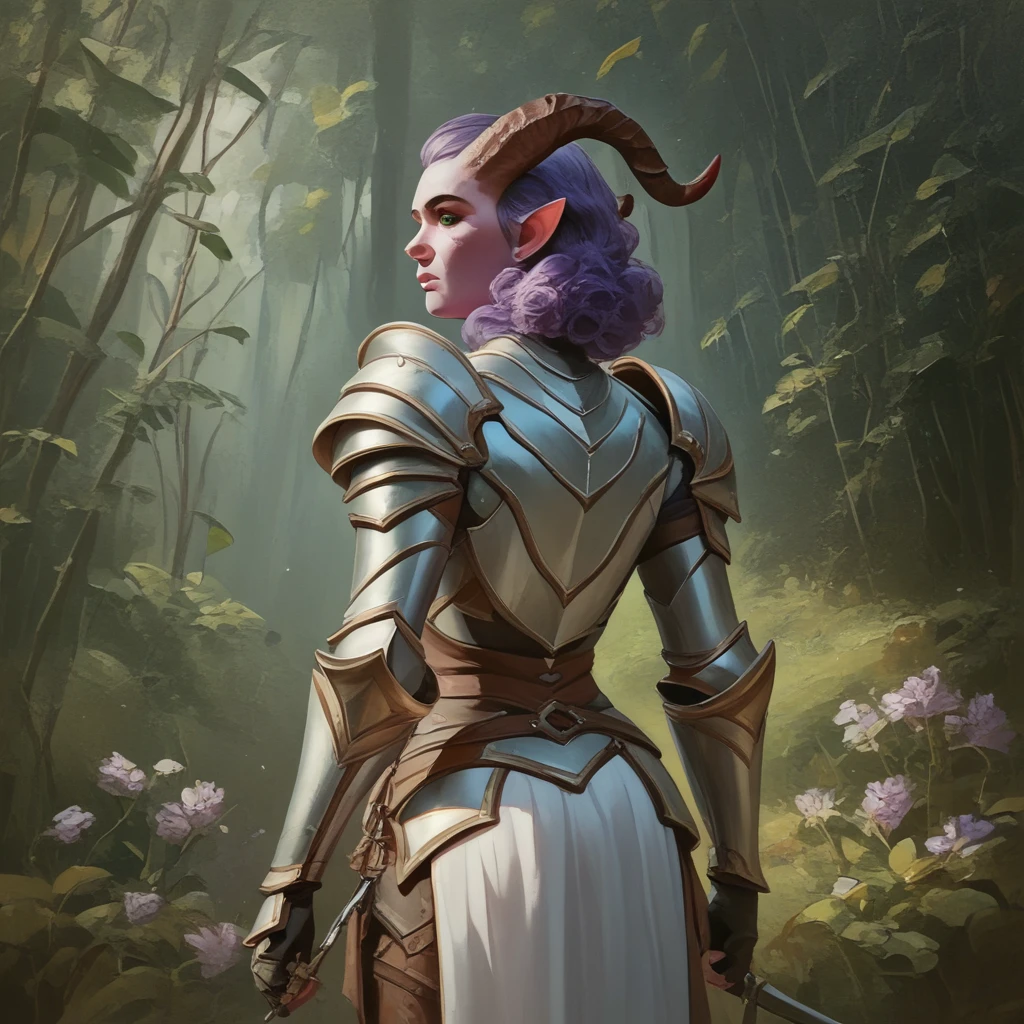 A fat purple-skinned tiefling female，Brown horns，Purple hair，Green eyes，3/4. Body，Behind it is a wood，Warrior Outfit，Red and white armor