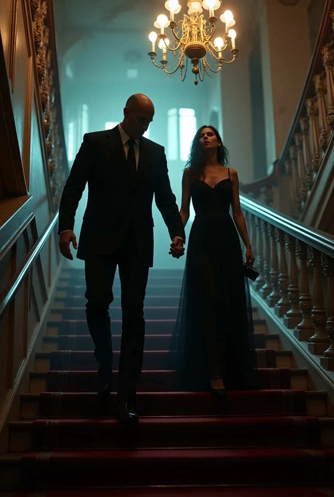 A men in black darg a lady on stairs holds her hand tightly in his mension