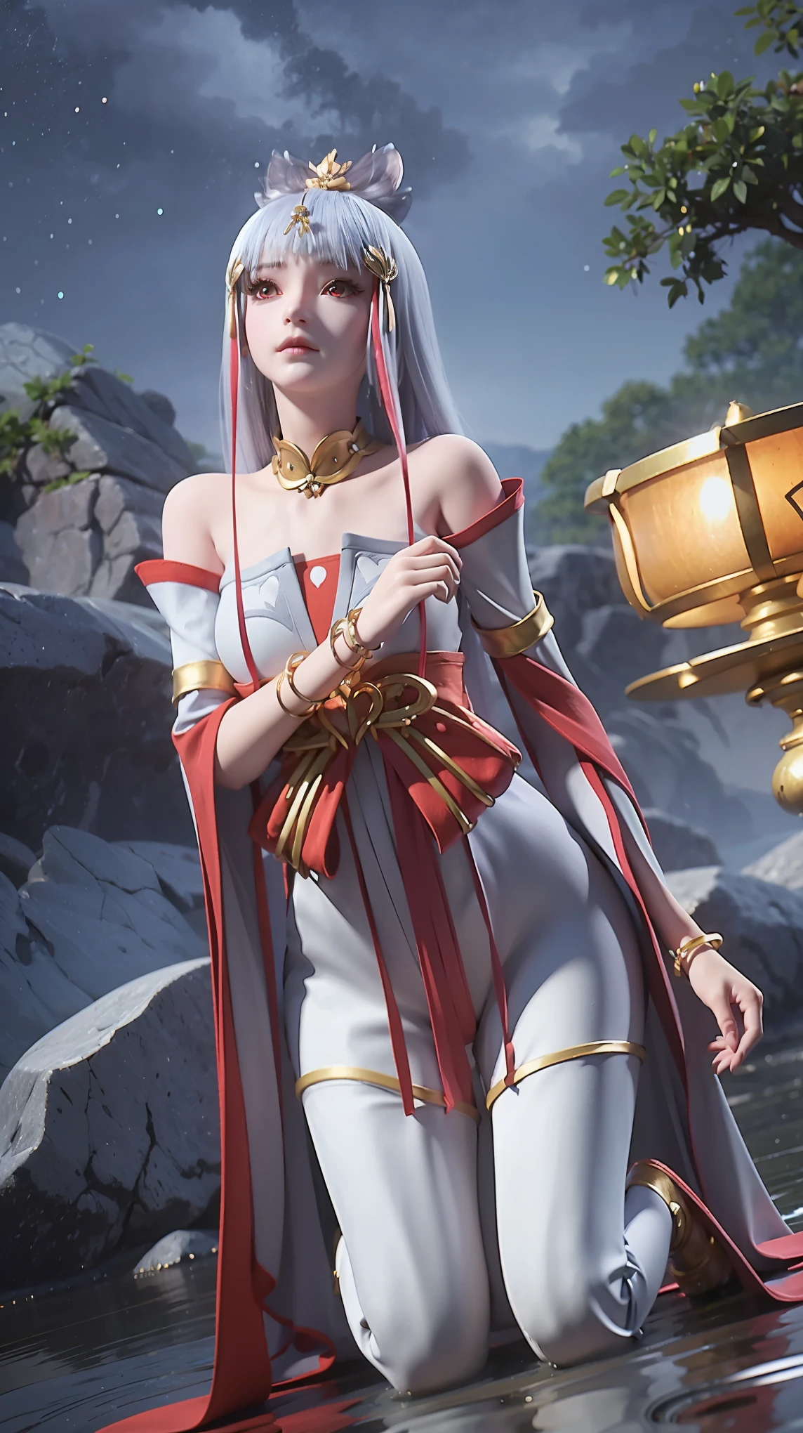 Cartoon woman kneeling on the starry sky, Water splashes at the knees,CG Social Trends, Smooth anime CG art, Starry sky background,Full body view,Royal sister kneeling posture