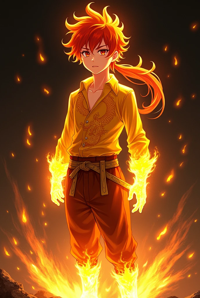Man , Fire Spirit, Transparent,anime, Chemise manches long, Peau jaune brillant, Long sleeve shirt, shiny yellow skin, gold dragon pattern shirt,Adventure Pants, Gold Belts, Human Flame , flottant sur de l’eau noir, percé., Charred Skin, Sun Eyes, Orange Dragon Pattern Shirt, Red Fire Hair Yellow Tip, Long Hair Floating, Anime Style, Blind, transparent body, beautiful , samurai,Inflamed face, Serious, flaming feet, fiery black background.