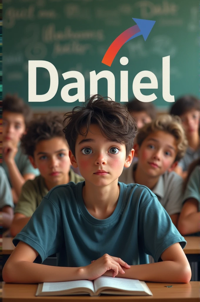 A group of all young male agers sitting in a classroom wearing school uniforms, all with different personalities and appearances as they look towards the camera with natural curious or lustful expressions, some young people whispering in the background. A young man should look light-skinned, Blue eyes and dark hair, This must have the word "Daniel" above his head and an arrow emerging from the word pointing towards the