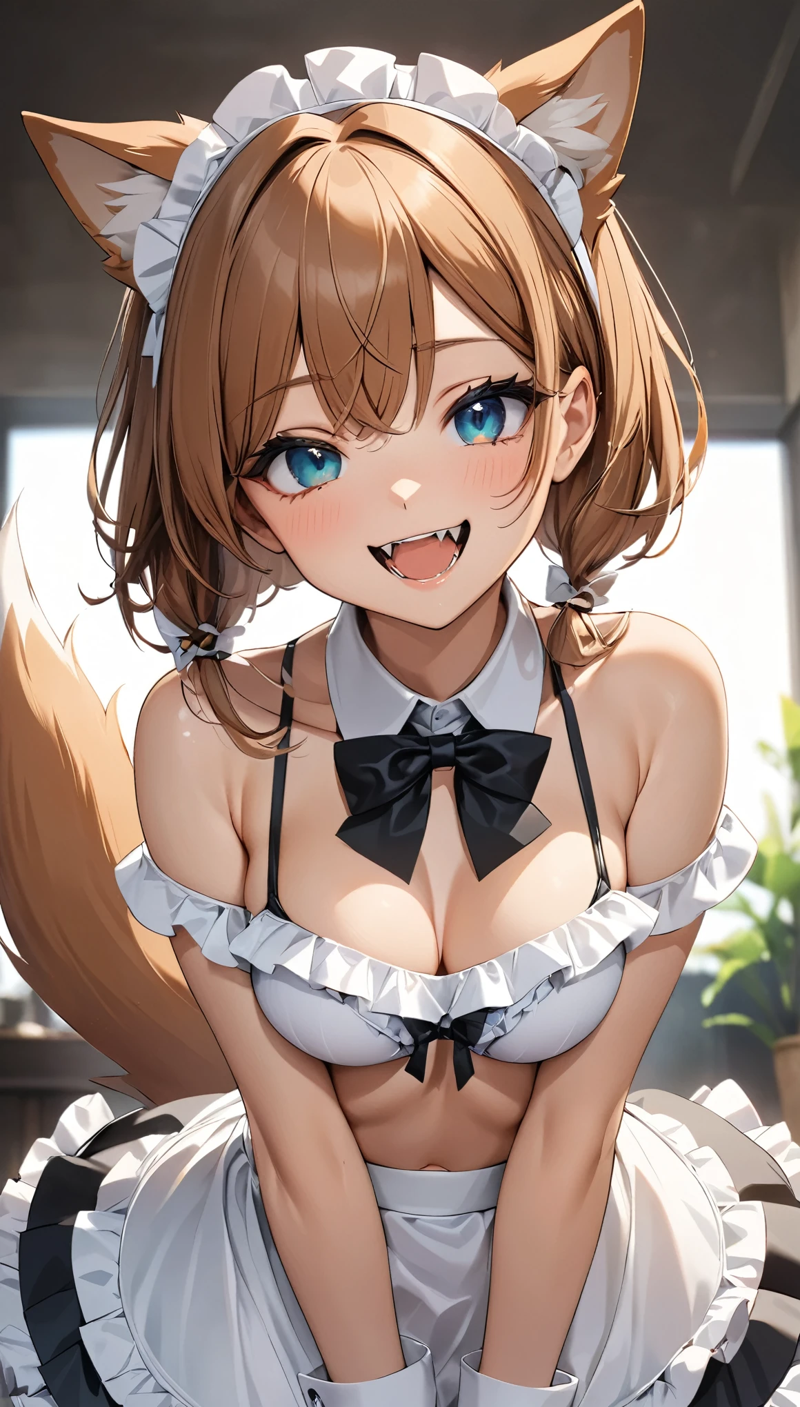 (Highest quality:1.2, Attention to detail, masterpiece:1.2, Best aesthetics), (1 girl),Kneeling, From above, dog_ear, dog_tail, smile, Chestnut Hair, Beautiful eyes, Cute face, Open your mouth, Show your fangs:1.2, Split collar, bow tie, Maid clothes, Bikini-style outfit, Ruffled bikini top, Frilled Skirt.