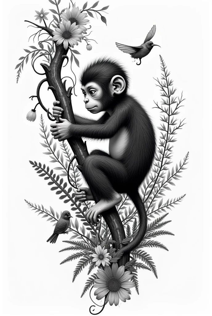 Design a black and white tattoo sketch that reflects a young monkey. I want a wide design, with the monkey hanging on vines and surrounded by nature: ferns, little birds, flores. I want the sketch to reflect the monkey seen from a side perspective.