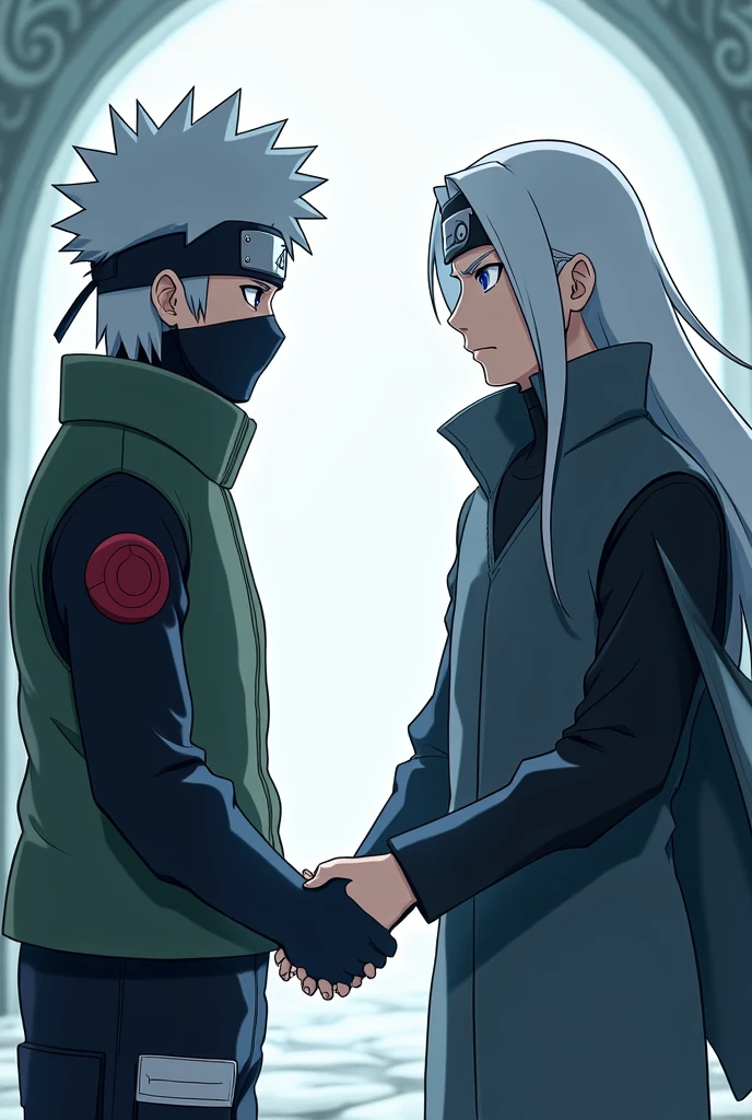 Kakashi of Naruto anime and gojo saturo of 
Jujutsu kaise shaking hands