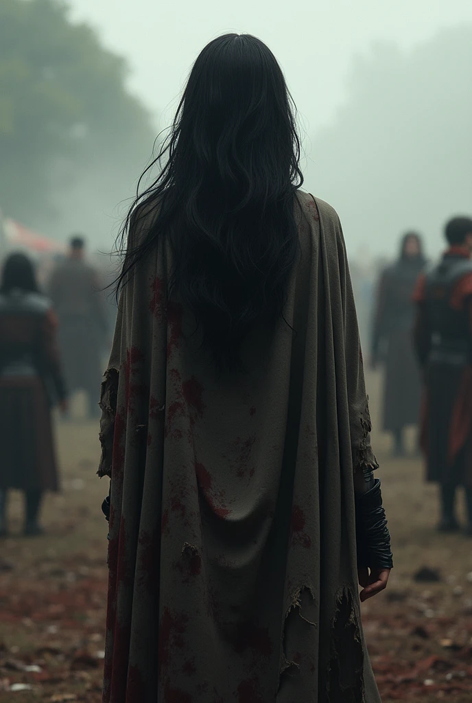 22 year old woman with long black hair, Dressed in a torn and bloody and ugly cloak, she stands with her back turned in the middle of a tournament field where everyone sees her., Realistic digital art