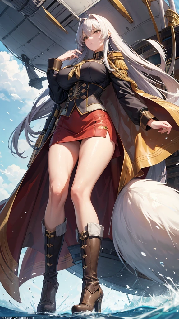 Airship,general,serious,Nine-tailed fox girl,long flowing hair,Big breasts,All American Body,Wear Sergeant Major Clothing,Wearing a sergeant's coat,