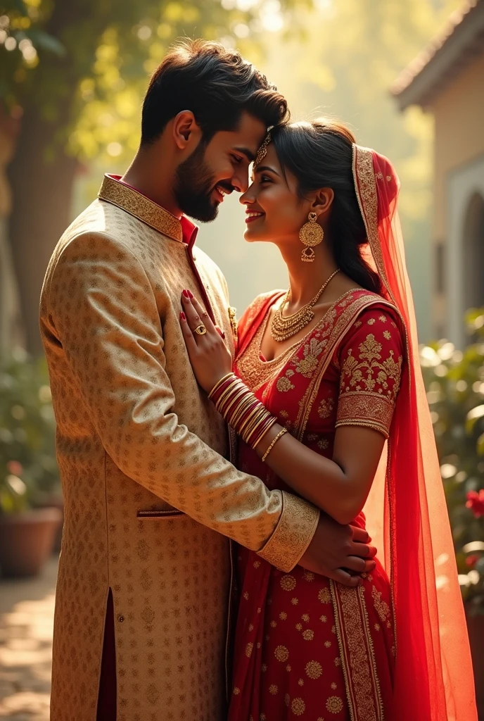 A beautiful real Indian girl in bindi choori and sindoor hugging with her husband in sherwani