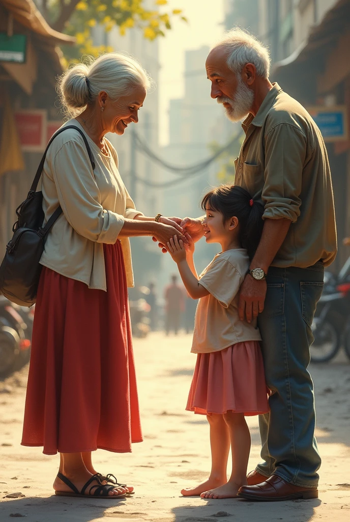 An older woman in a skirt gives money to a girl and her older husband also stops her