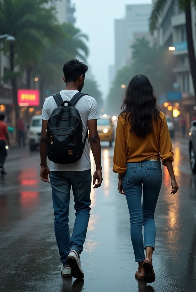 A boy age 27 south India from andhrapradesh wear jeans and t-shirt dusky skin and there was a girl age 25 north India from mumbai looks very modern she wears western dress looks very beautiful and active. Both them are walking on Mumbai streets. The climate was full cloudy skies and raining.