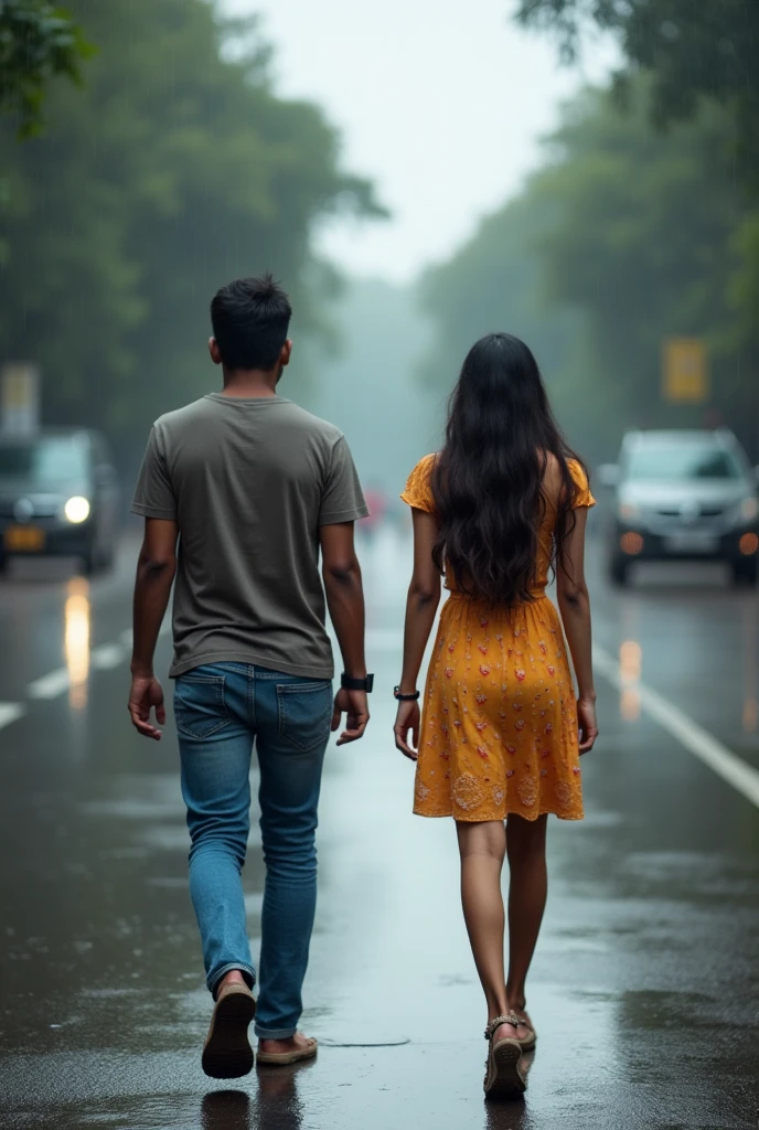 A boy age 27 south India from andhrapradesh wear jeans and t-shirt dusky skin and there was a girl age 25 north India from mumbai looks very modern she wears western dress looks very beautiful and active. Both them are walking on Mumbai streets. The climate was full cloudy skies and raining.