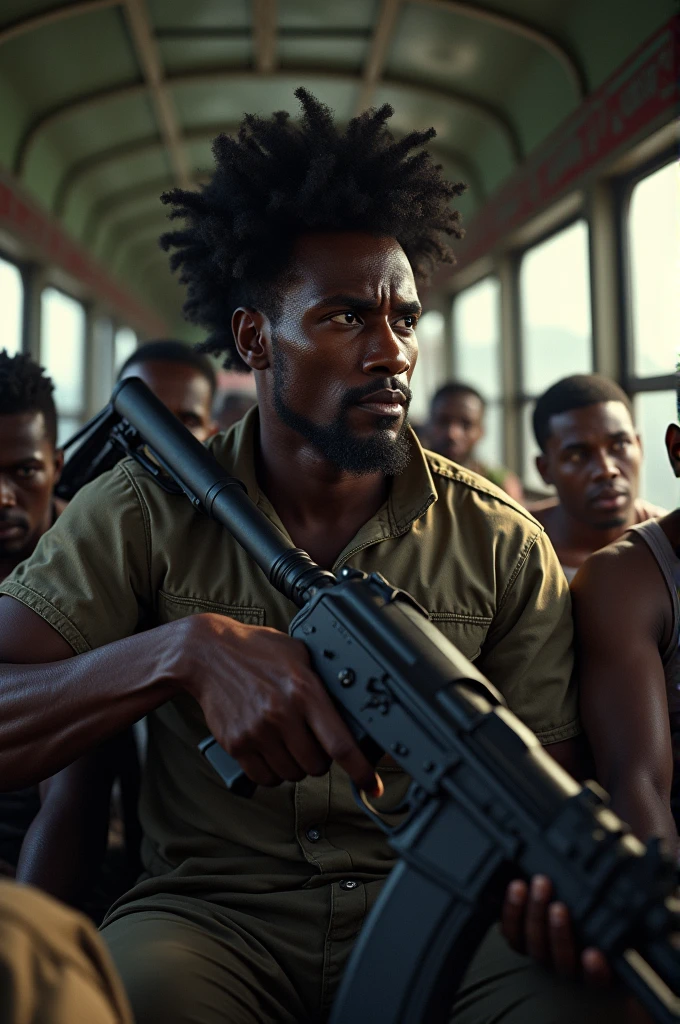 Solider who having afro hair, sweating hardly around his face with black AK gun seating on the lap of civilians to run out from the attacker in mini bus