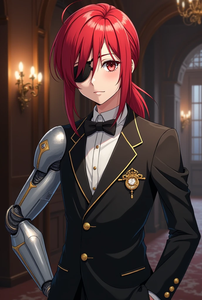 Draw a butler with red hair tied back, an eyepatch on one eye, and a mechanical right arm, and make him more human, a young man with an eyepatch on only one eye, and more like an anime character.