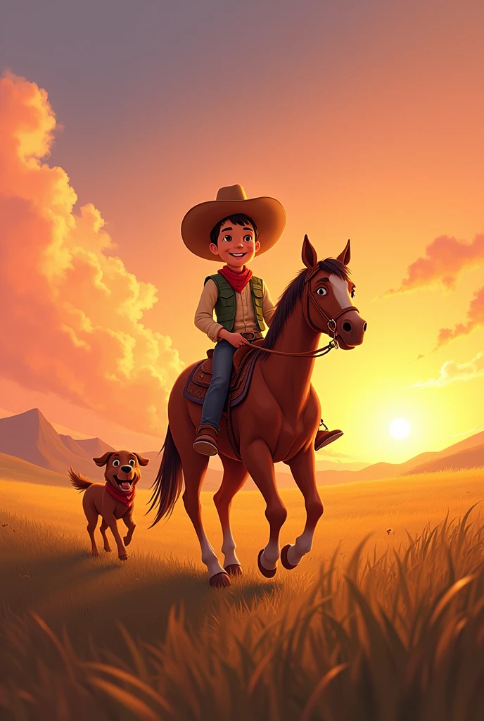 Finally, it was time to return home. With Rusty now by his side, Cow Boy rode back, ready to share his adventure and lessons of kindness with his friends.
Image Prompt:
"Illustration of Cow Boy riding Star with Rusty happily trailing behind him as they return home. The landscape shows the sun setting behind them, casting a beautiful orange-pink hue over the prairie. Cow Boy's face is joyful and proud."
