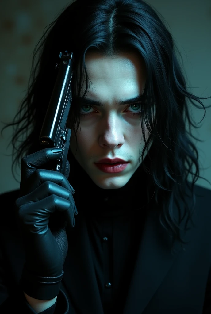 A pretty male with long black hair and teal blue eyes, dressed entirely in gothic black clothes. His skin is white and pale like a vampire. He holding a gun to his head while looking insanely at the camera.