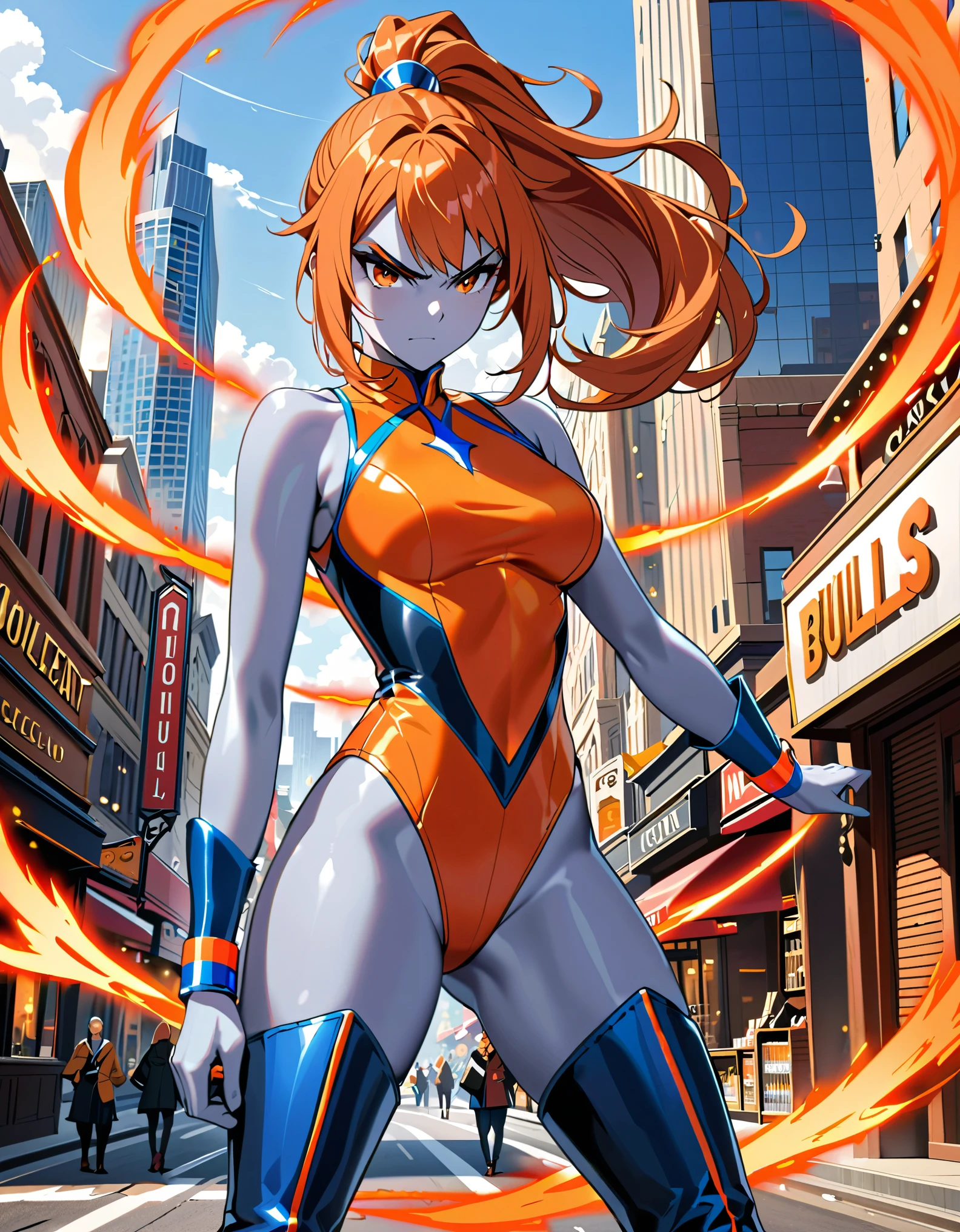 (masterpiece), (best quality), (high res), 1lady, tall body, finger proportions coordination, highly detailed, professional, (((silver skin))), beautiful detailed eyes, beautiful detailed face, perfect hands, complete fingers, (red wristbands), perfect anatomy, perfect proportions, (orange hair with orange accents, long hair, ponytail hair), (orange eyes), (two piece leotard, red leotard with blue accents, matching leotard, sleeveless), (bare legs), (boots, matching boots, thighhigh boots, blue boots), breasts, medium breasts, full body with costume, looking away, angry, v-shaped eyebrows, solo, solo focus. cowboy shot, city backdrop, jewelry store, outdoors. standing, powering up. intense atmosphere. bullets bouncing off her body, covered in a fierce circular red aura.