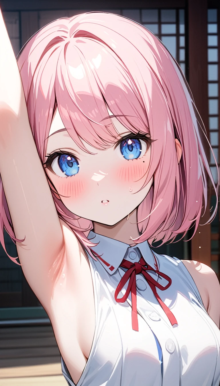 (1 girl),(Best Picture Quality, 8K, Masterpiece:1.3), (high school student:1.5), ((pink lob hair:1.1)), (bob cut),(swept bangs), (cute eyes, pupil black, iris skyblue, youthful face), (mole under right eye), (standard weight), (small breasts), (glistening skin:1.1),(pale skin:1.2),japanese shrine, japanese miko, (Sleeveless),BREAK,(portrait),(blush:1.2),((pitstain)),(arm up),(showing armpits).