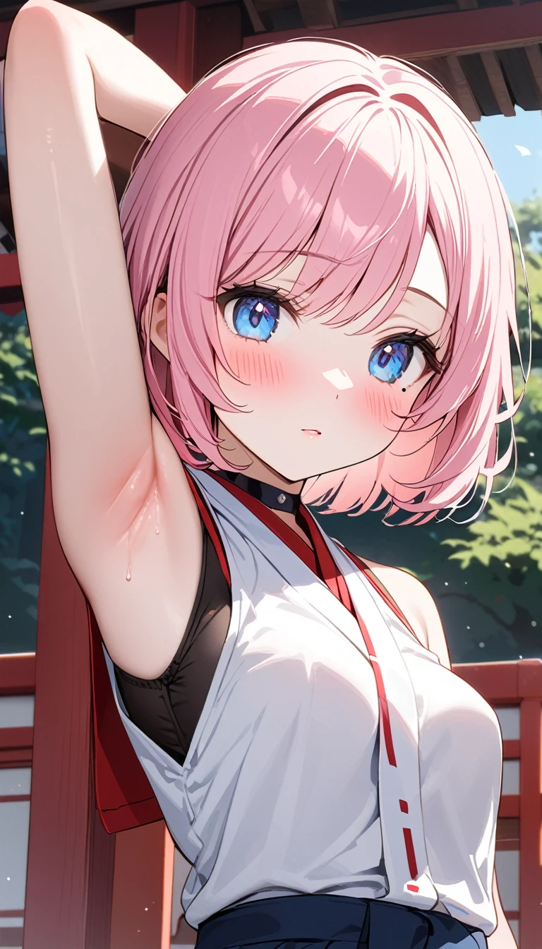 (1 girl),(Best Picture Quality, 8K, Masterpiece:1.3), (high school student:1.5), ((pink lob hair:1.1)), (bob cut),(swept bangs), (cute eyes, pupil black, iris skyblue, youthful face), (mole under right eye), (standard weight), (small breasts), (glistening skin:1.1),(pale skin:1.2),japanese shrine, japanese miko, (Sleeveless),BREAK,(portrait),(blush:1.2),((pitstain)),(arm up),(showing armpits).