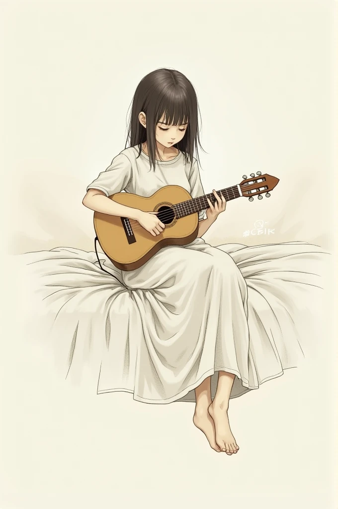 Baby girl with guitar sitting on bed. Sumi-e Art.
