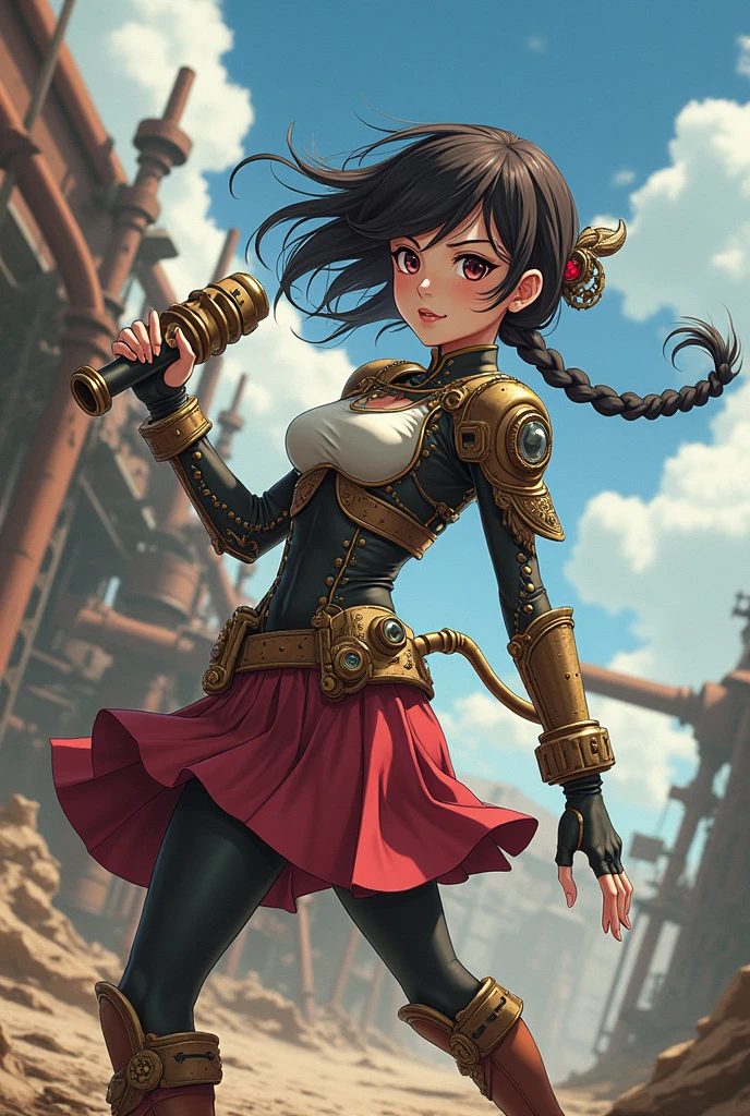 Anime-style girl　steampunk　A side view of the fighting