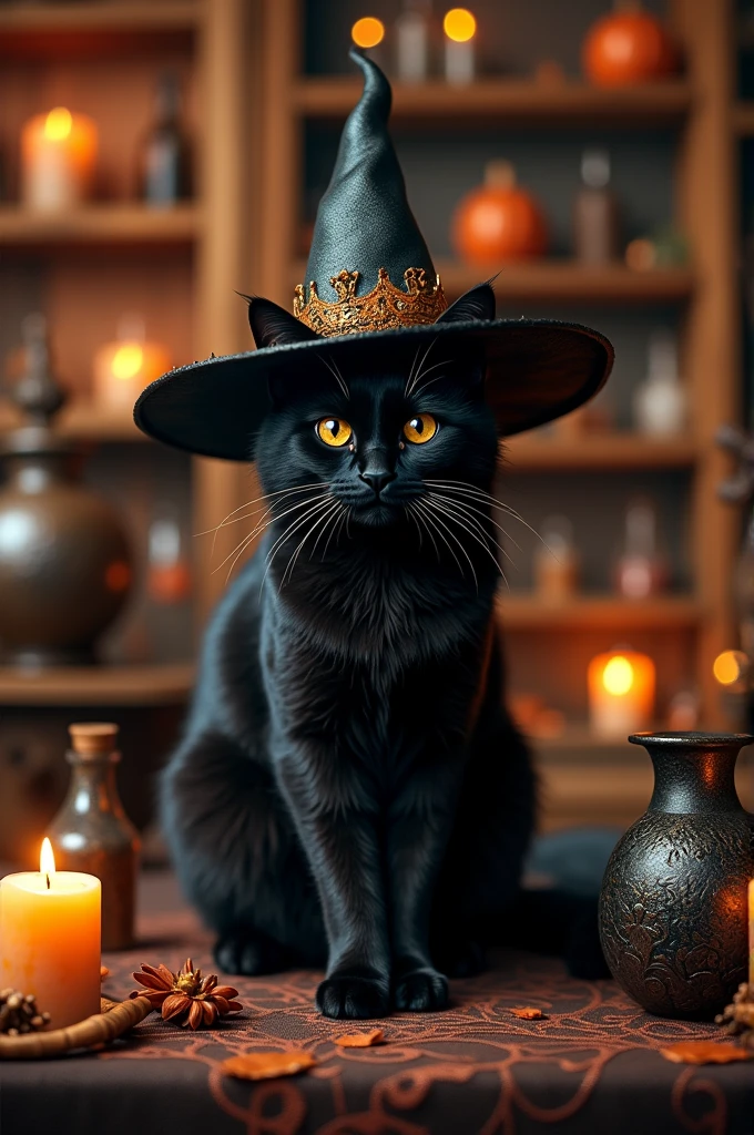 a cute black cat wearing witch'shat, in the style of dark amber and, hyper-detailed portraits, gothic fairytales, ethereal landscapes, hat, no humans, witch hat, cat, candle, animal focus, animal, pumpkin, indoors, halloween, jack-o'-lantern, black headwear, wiccan artifacts, hyper-detailed,ultra-realistic, 8k,ultra-realistic, hyper-detailed, 32k uhd, (Background is Luxury Witch Room and Magic Room) A lot of magic bottle, magic class. Magic Items 