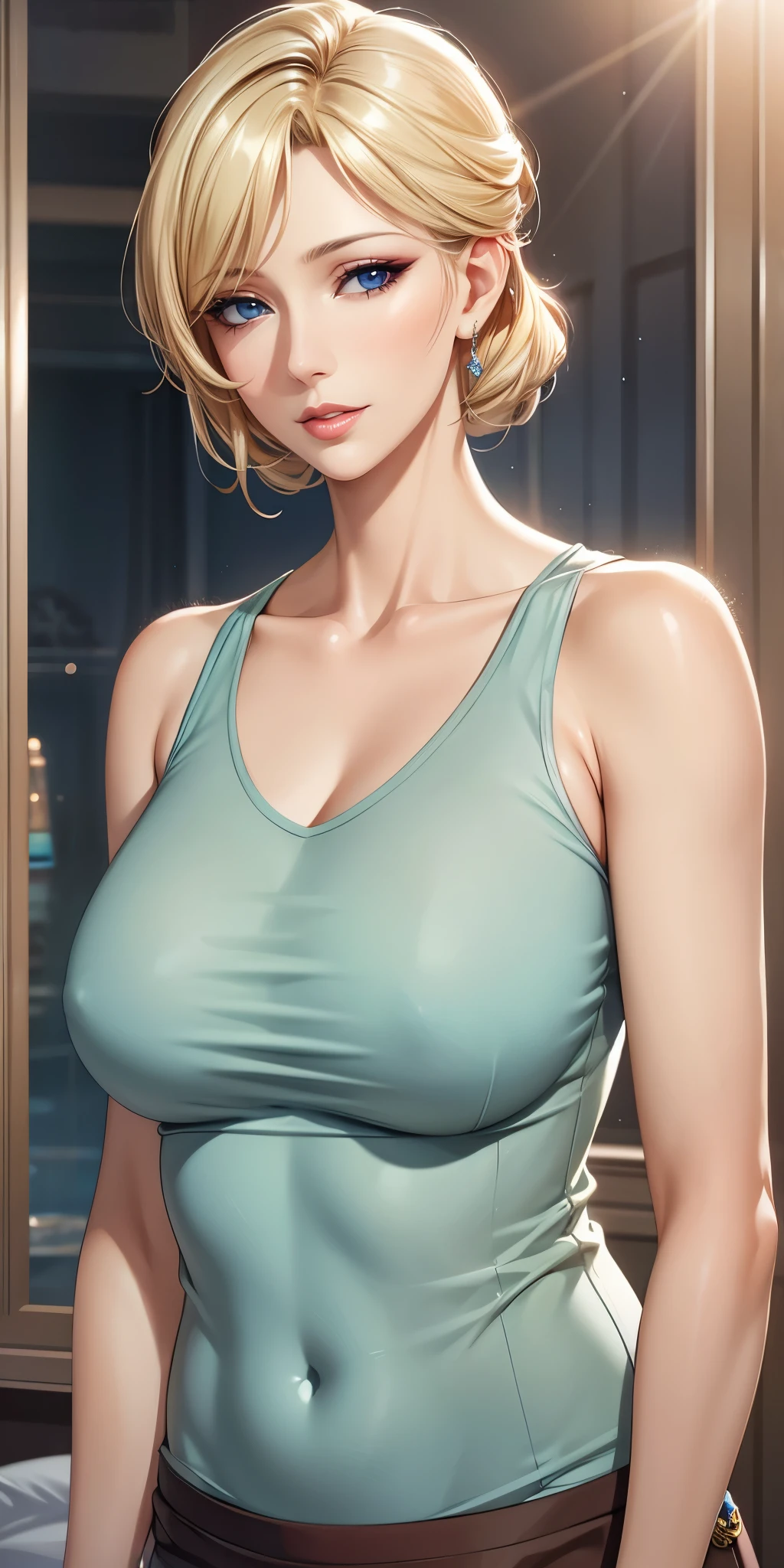 Elegant mature woman, milf, blue eyes, blonde hair, soft light, high detailed, 4k resolution, high quality, beautiful cg,