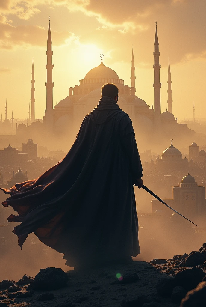  A silhouette of Umar bin Khattab standing strong, with a backdrop of a growing Islamic empire.
.