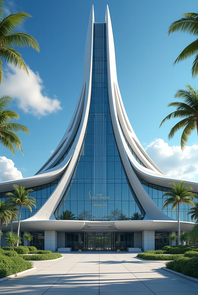 A big airport building with the logo South Pacific Airways.
