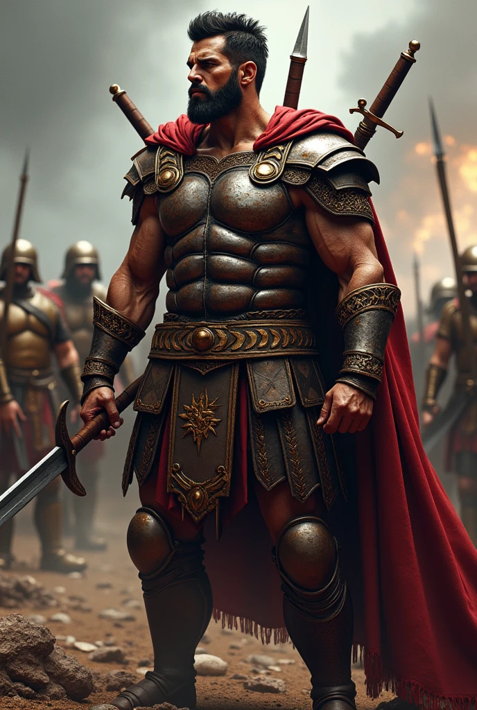 a greek warrior who's full of blood bows in his back and stabbed by swords but still standing
