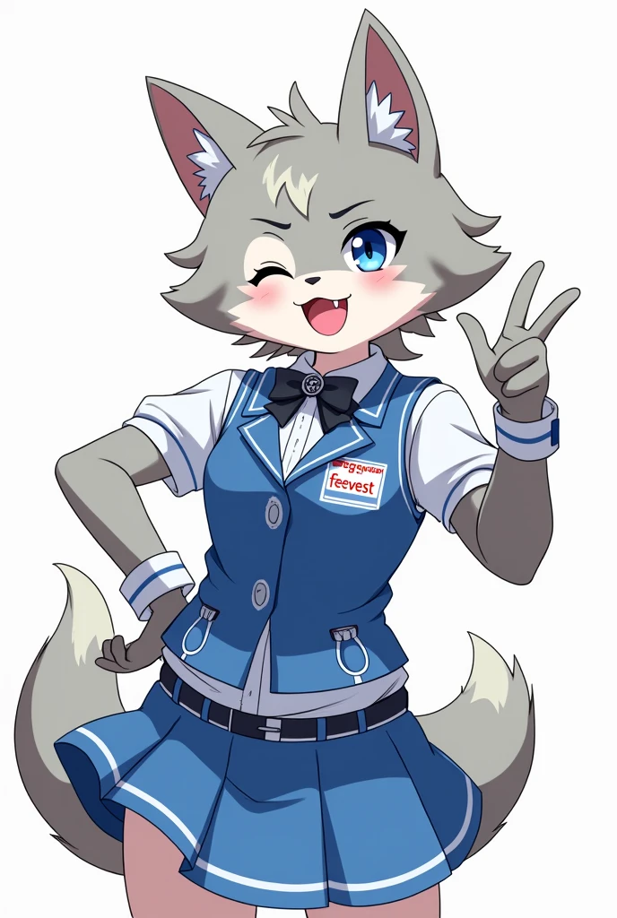 A wolf animal with a blue and white schoolgirl uniform with fegvest written on it and that is fun and cool