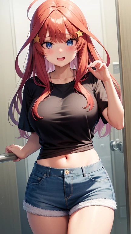 赤い髪と青い目をしたAnime Girls、(Huge Tits), Loose T-shirt,No underwear, The shirt has less fabric, (hot pants:1.2),魅力的なAnime Girls, Anime Girls con pelo largo, 美しいAnime Girls, かわいいAnime Girls, Anime Girls, かわいいAnime Girls, 最高のAnime Girls, Moe anime art style, Cute girl visual anime, 肖像画のAnime Girls, Anime Girls, 魅惑的なAnime Girls, (Anime Girls), 若いAnime Girls、Yellow star hair ornament、The frizzy hair on the top of the head