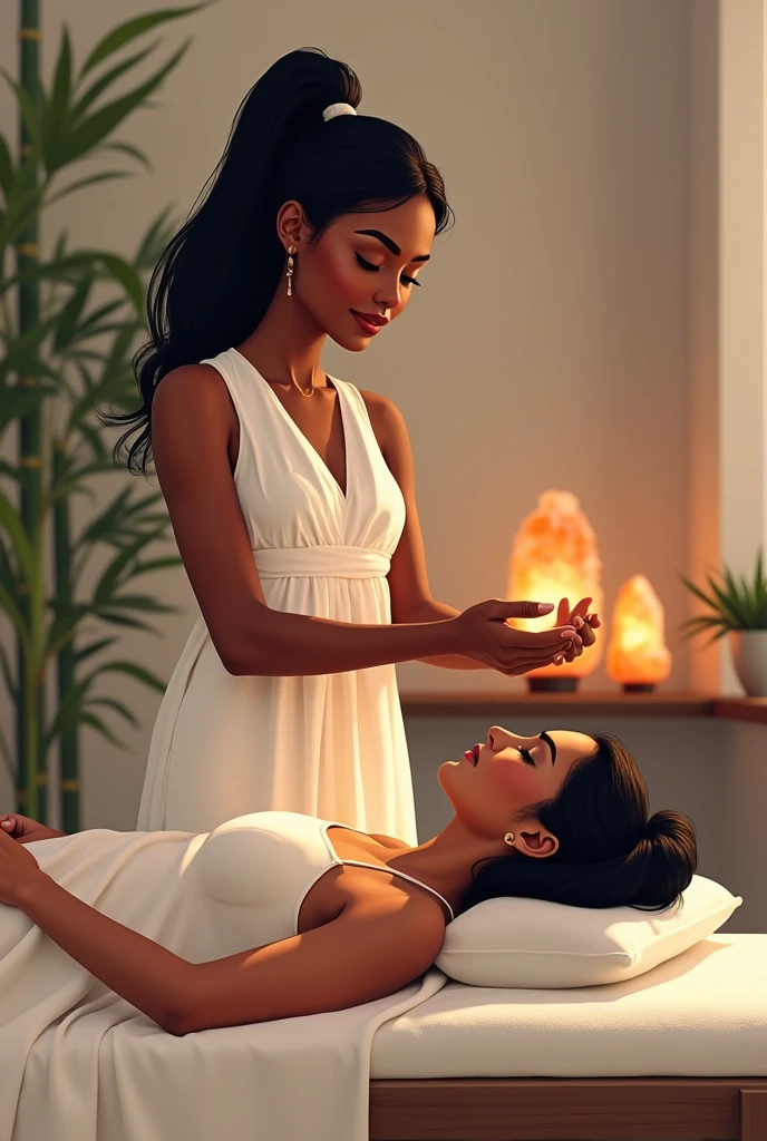 Black woman with ponytail in hair doing reiki to white woman lying on a stretcher in office with bamboo quartz, salt lamps