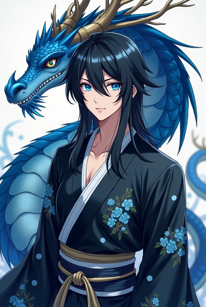 (handsome man with long black hair,Crystal Blue Eyes Japanese Dragon Hybrid,with tail and rounded horns like branches,black haori with sky blue cherry print,anime style blue scales )