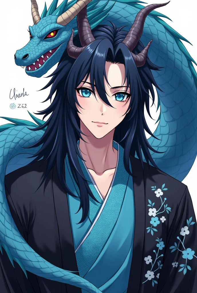 (handsome man with long black hair,Crystal Blue Eyes Japanese Dragon Hybrid,with tail and rounded horns like branches,black haori with sky blue cherry print,anime style blue scales )