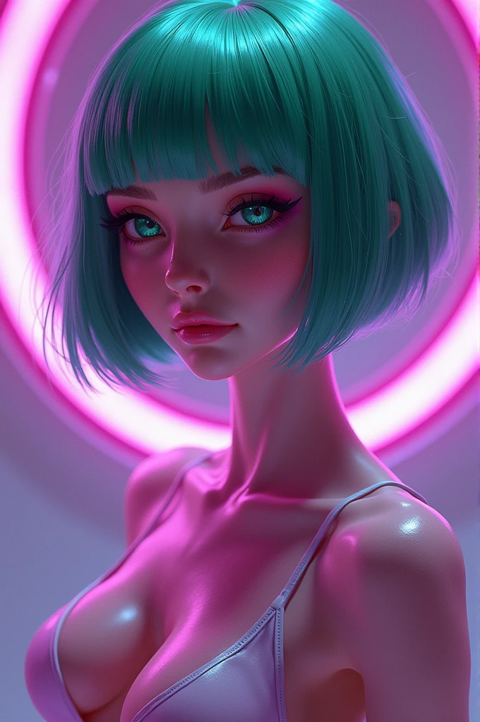 Beautiful alien girl, fuchsia dyed skin, female, short hair, emerald green hair, fuchsia colored skin, beautiful slanted emerald eyes, fuchsia colored skin, beautiful smile, navel, shiny skin, arches her body, fuchsia colored skin dressed in a futuristic purple style.