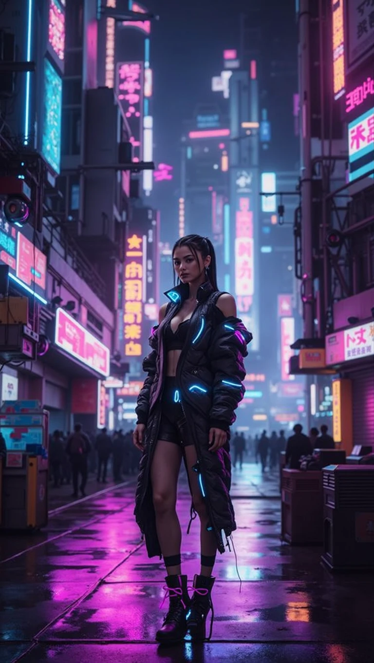full body photo, woman standing naturally, posing naturally in the city, women looking at the viewer, facing the viewer, face visible, body facing camera, long skirt plain outfit, simple outfit, sfw outfit, outfit covers her legs and chest, outfit in black and white, white long hair flowing in the wind, with horns like goat, background is sci fi, dystopia, alien city, purple, blue, and pink lights, dark vibes, bloomy, lonely, final fantasy, futuristic, sci fi, low camera angle, fish eye