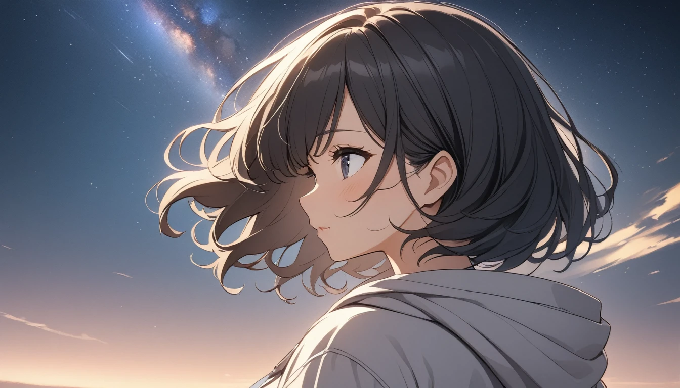 Starry Sky、milky way、One woman、Black Hair、Short Hair、Hair blowing in the wind、profile、Wearing a hoodie、Back view、Upper Body、Low - Angle