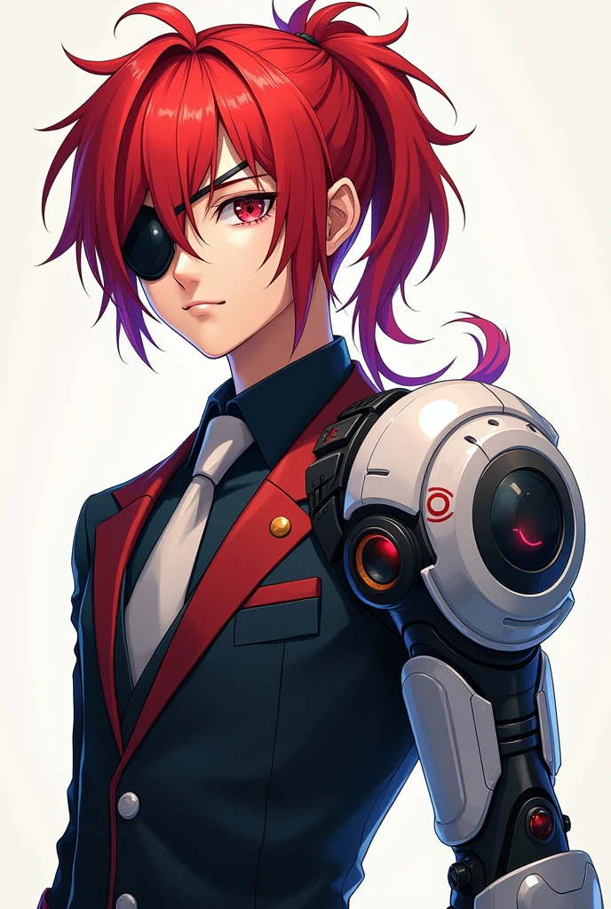 He has red hair tied back, an eyepatch on one eye, and a mechanical butler on his right arm. Make him more human, a young man with an eyepatch on only one eye, make him look more like an anime character, make him a young man around high school age.