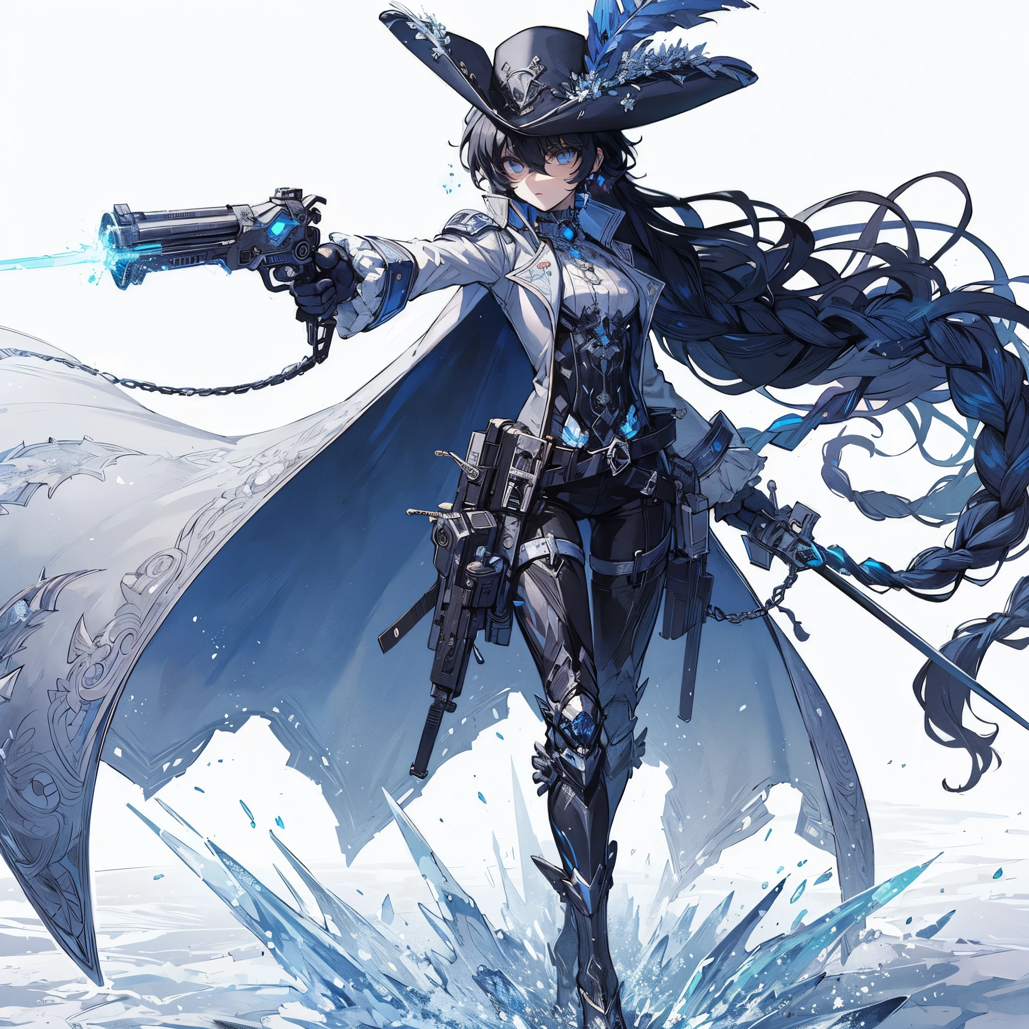 (masterpiece, Best Quality), (detailed hairs), Ultra-detailed, anime like illustration style, Full body, whole body, solo, cyberpunk duelist girl, head on tricorn hat, black curly hair, white skin, blue pupils, cyber blue aristocrat jacket, body-fitting cyber suit, Sheathing cyber flintlock pistol, high heel-boots, ultra-massive, muscular, supernatural ice, white background, full body standing, standing in frosted earth, cold ice aura,
