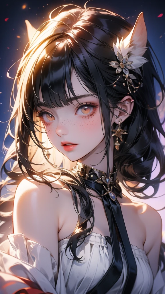 anime girl 20 years old with narrow yellow eyes, a smoll mole under the eye, bruises under the eye, inconspicuous freckles on the nose, straight dark brown hair below the shoulders and oblique long bangs covering the left eye, pale skin, tired look, breasts of the second size, low height, 4k