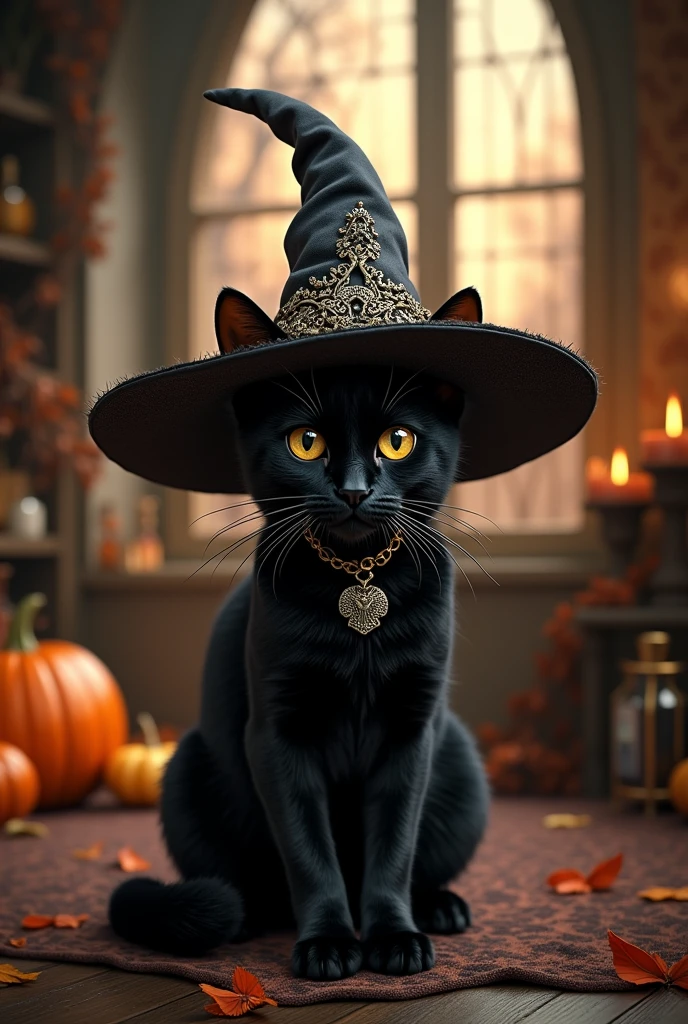 a cute black cat wearing witch'shat, in the style of dark amber and, hyper-detailed portraits, gothic fairytales, ethereal landscapes, hat, no humans, witch hat, cat, candle, animal focus, animal, pumpkin, indoors, halloween, jack-o'-lantern, black headwear, wiccan artifacts, hyper-detailed,ultra-realistic, 8k,ultra-realistic, hyper-detailed, 32k uhd, (Background is Luxury Witch Room and Magic Room) A lot of magic bottle, magic class. Magic Items