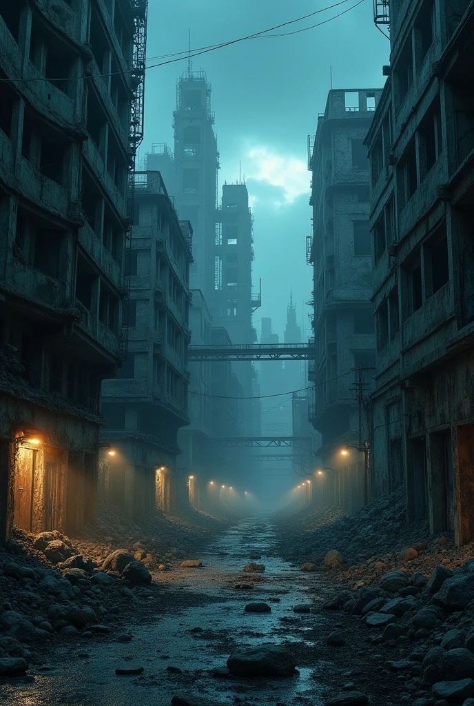Post-apocalyptic city ruins at night