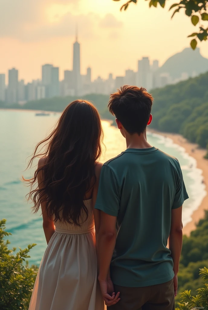 Back view of a couple. Girl with long hair.
