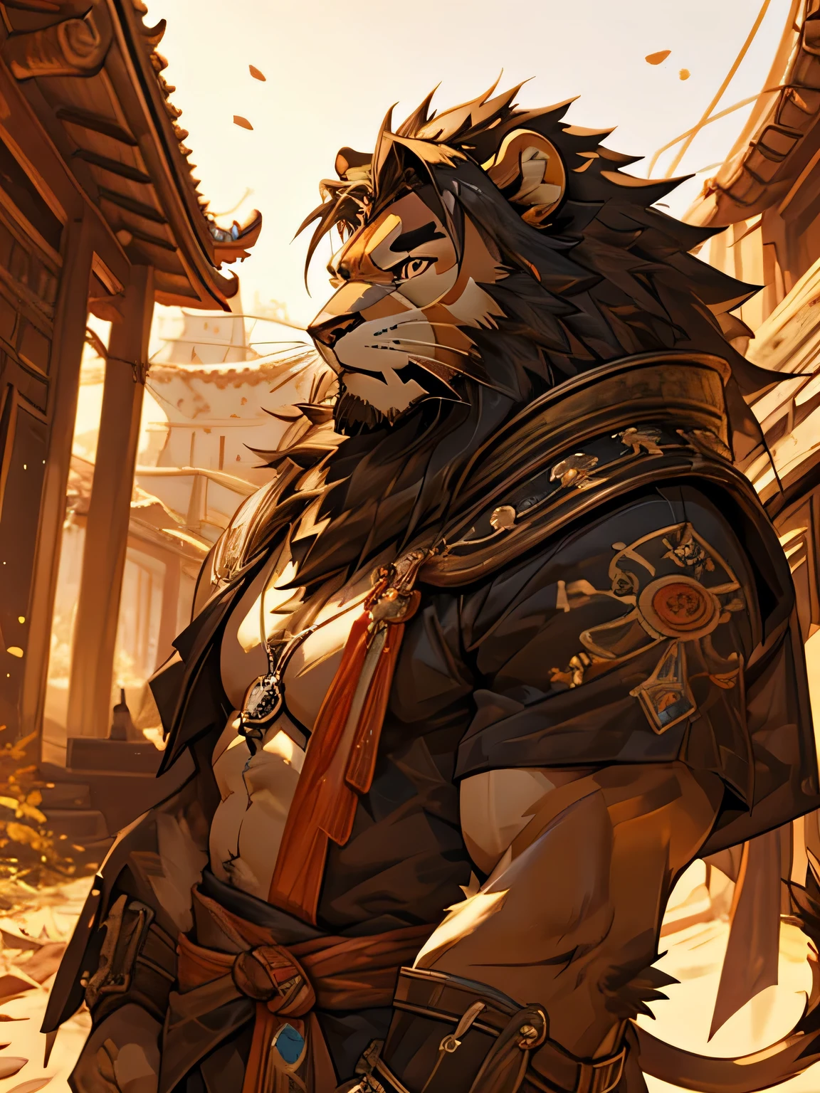 Lion General，Ancient China，On the battlefield，Slash and kill，Alone，high quality，high-definition，masterpiece，high resolution，