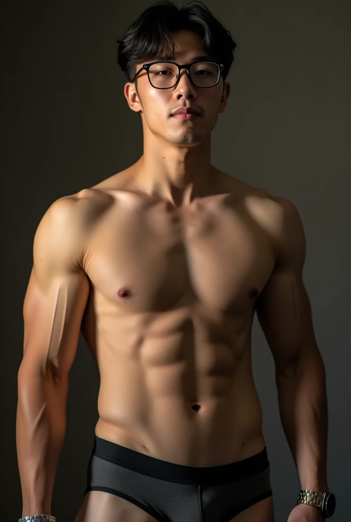 best quality, masterpiece, 8K, HD, masculine, 30 year-old korean gentleman, muscular, nerdy look, glasses, shirtless, big bulge, golden ratio, wear a tie,sexy, god rays, soft lighting, dynamic shadows, perfection, no watermark,underwear, sexy, Masculine and handsome, muscular, Beautiful muscles, hairy body,sweat, lewd face, firm chest, sexual, provocative, lustful, accessories include a luxury wristwatch, looking at the viewer, muscle veins, lightly tanned skin, drooling, slimy, wanting to show off chest,in the company