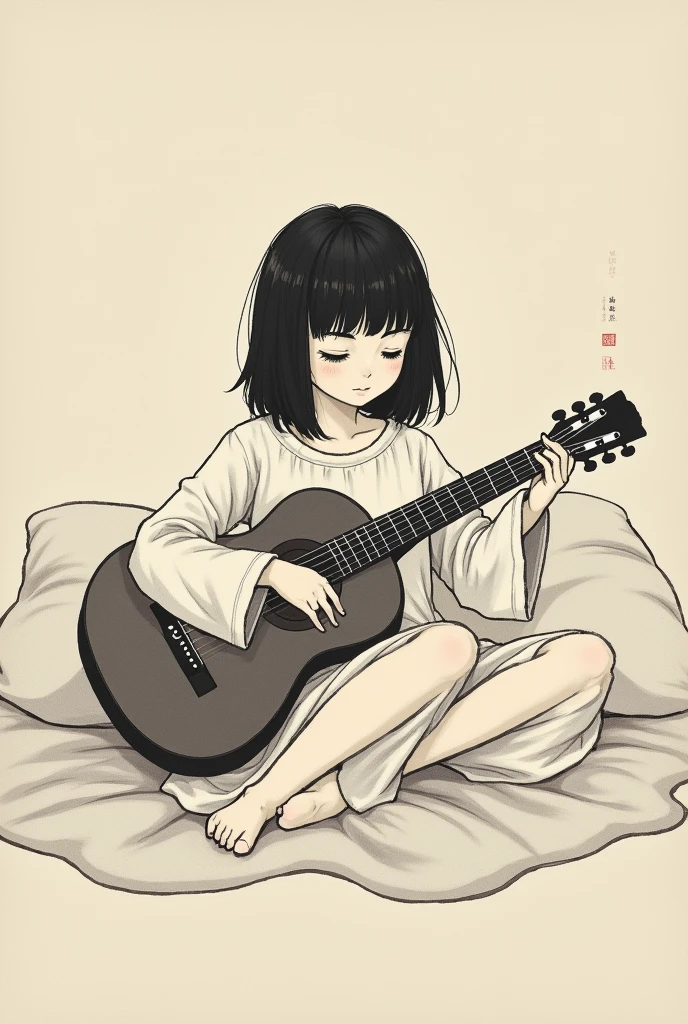 girl with guitar sitting on bed. Sumi-e Art.
