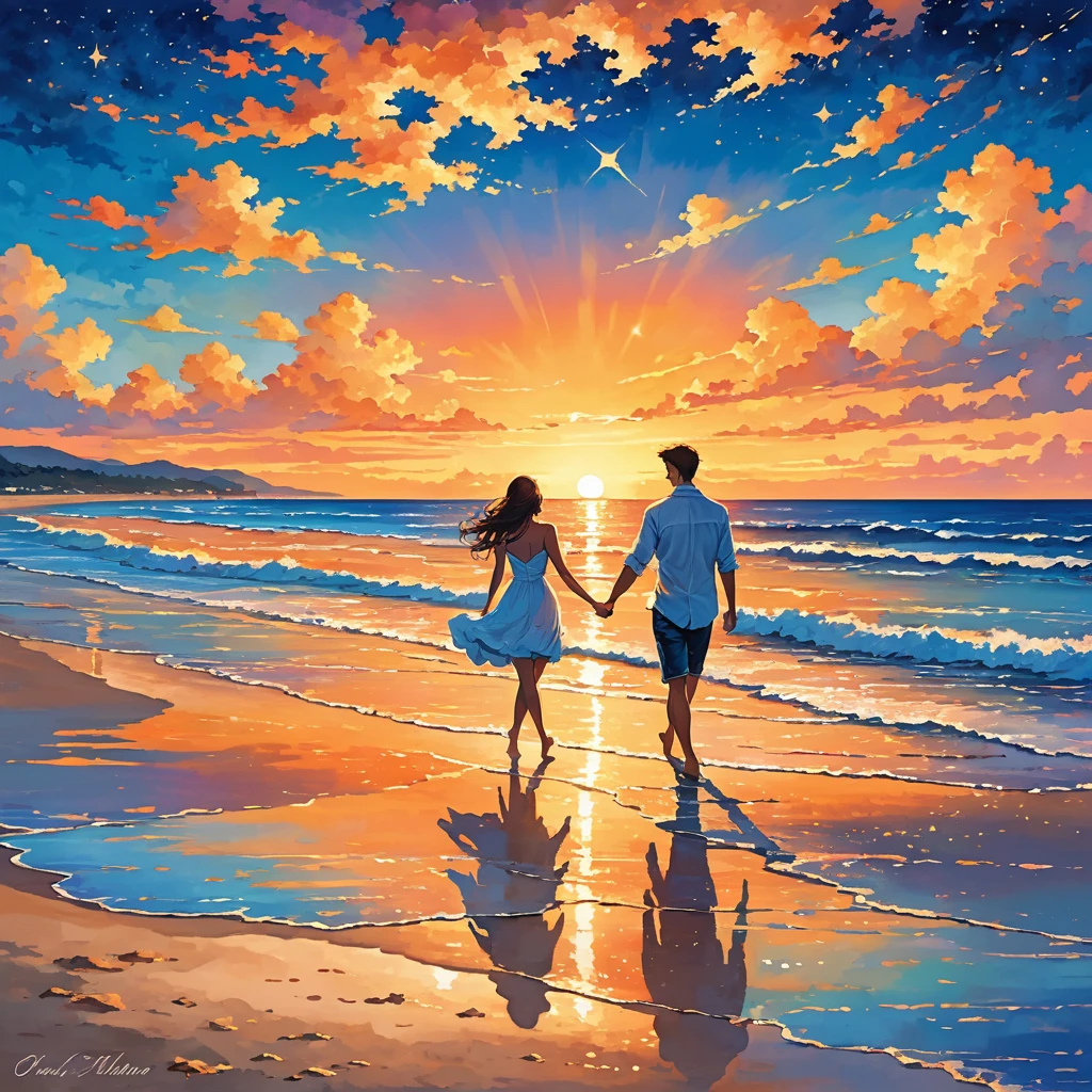 A vibrant and romantic summer scene depicting a couple walking hand in hand along a sandy beach at sunset. The sun is setting on the horizon, casting golden rays and a warm glow over the ocean waves. The sky is a deep blue, with the first stars beginning to appear. The couple is immersed in each other's company, embodying the spirit of a passionate summer night. The atmosphere is filled with warmth and serenity, capturing the essence of summer love and the beauty of the moment under a starry sky