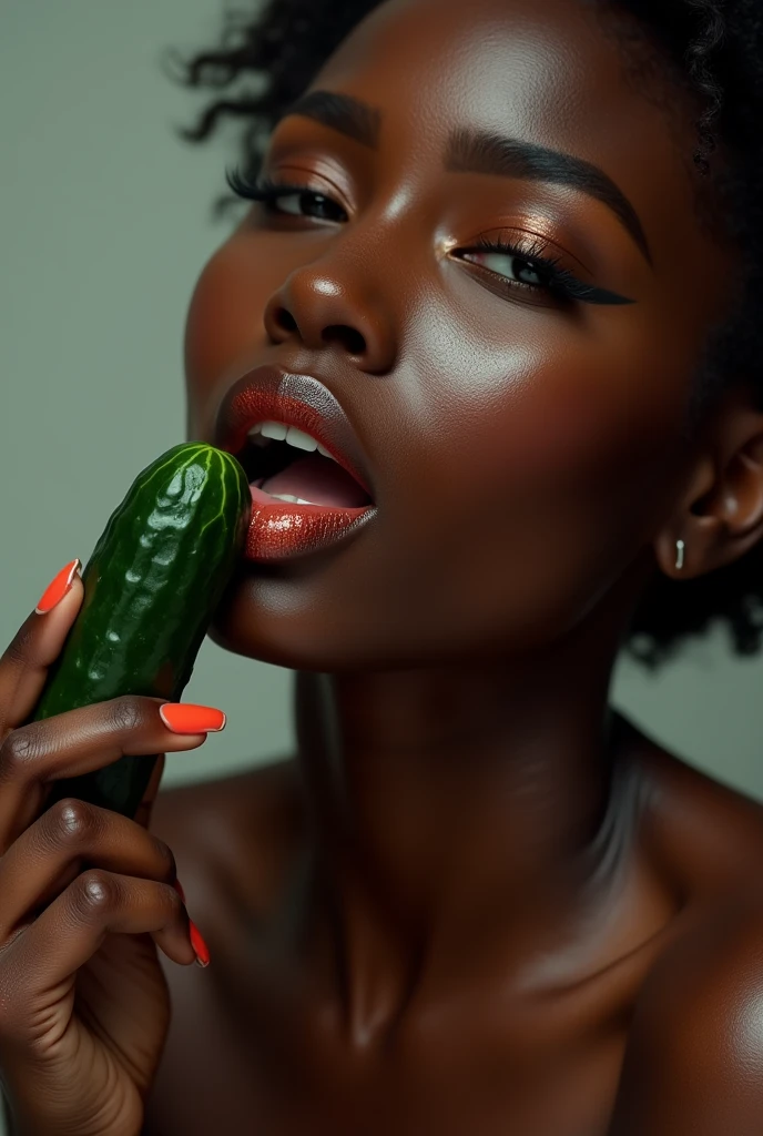 naked black woman with lip gloss sucking on a wet cucumber looking up 